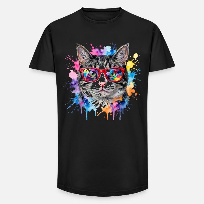 Katzengesicht im Regenbogen-Aquarell Geschenk - Long Fit Männer T-Shirt - Schwarz