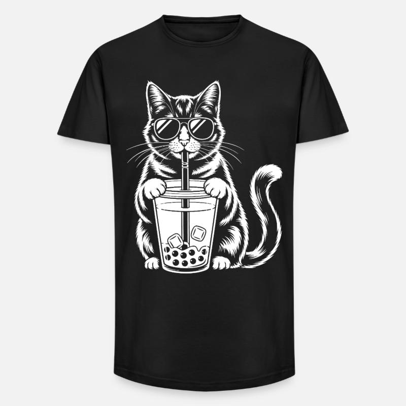 Katze mit Bubble Tee - Long Fit Männer T-Shirt - Schwarz