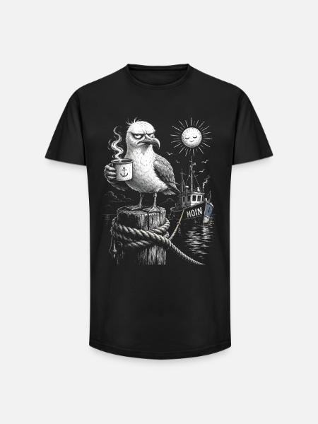 MOIN – Grumpy Seagull with Coffee - Long Fit Men's T-Shirt - black