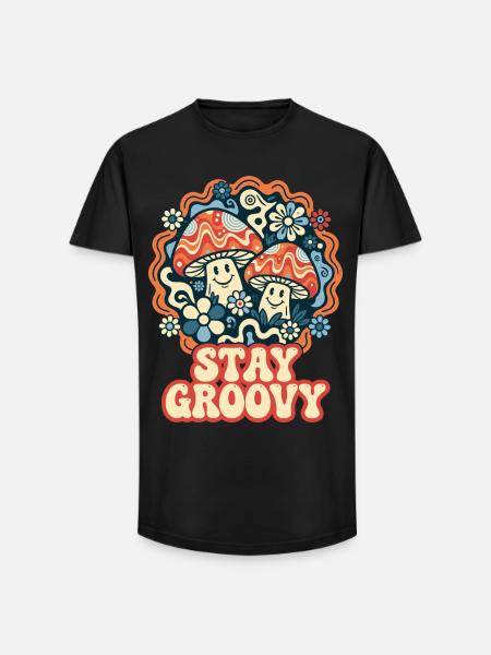 Stay Groovy Retro Pilze - Long Fit Männer T-Shirt - Schwarz
