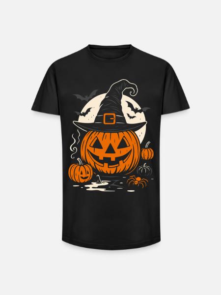 Halloween Pumpkin with Witch Hat & Spider - Long Fit Men's T-Shirt - black