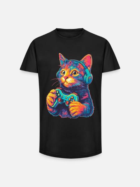 Joueur de chat drôle - T-shirt coupe longue homme - noir