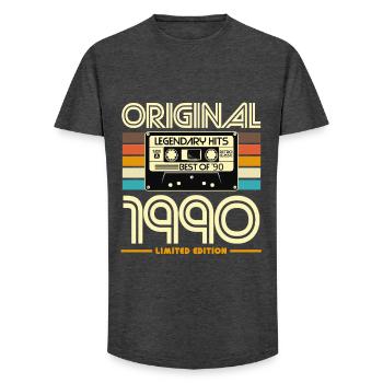 Original 1990 Cassette Retro Hits - Long Fit Men's T-Shirt - charcoal grey - Front - AI Model Male 185 light (185cm)
