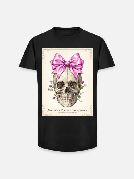Crâne fleuri et nœud rose - T-shirt coupe longue homme - noir