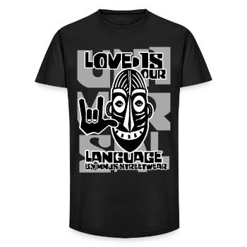 Liebe ist unsere Sprache Grafikmaske - Long Fit Männer T-Shirt - Schwarz - Vorne - AI Model Male 185 light (185cm)