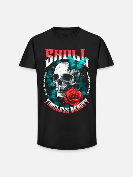 Skull Skull Rose Flower Butterfly - Long Fit Men's T-Shirt - black