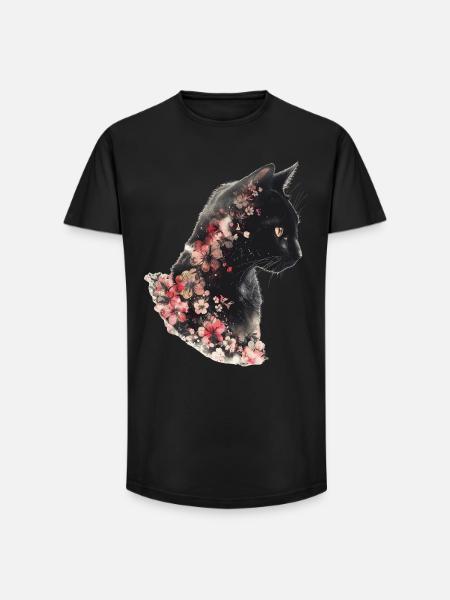 Katze Blumen - Long Fit Männer T-Shirt - Schwarz