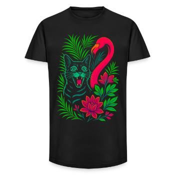 Tropische Katze & Flamingo - Sommer 2025 - Long Fit Männer T-Shirt - Schwarz - Vorne - AI Model Male 185 light (185cm)