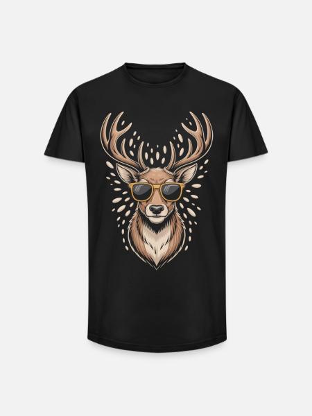 Hirsch mit Geweih und Sonnenbrille - Long Fit Männer T-Shirt - Schwarz