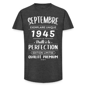 80th Birthday - September 1945 Perfection - Long Fit Men's T-Shirt - charcoal grey - Front - AI Model Male 185 light (185cm)