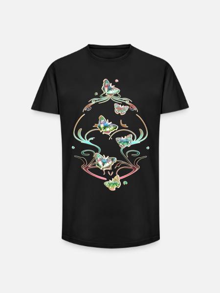 Butterflies Tendrils Ornaments Patterns - Long Fit Men's T-Shirt - black