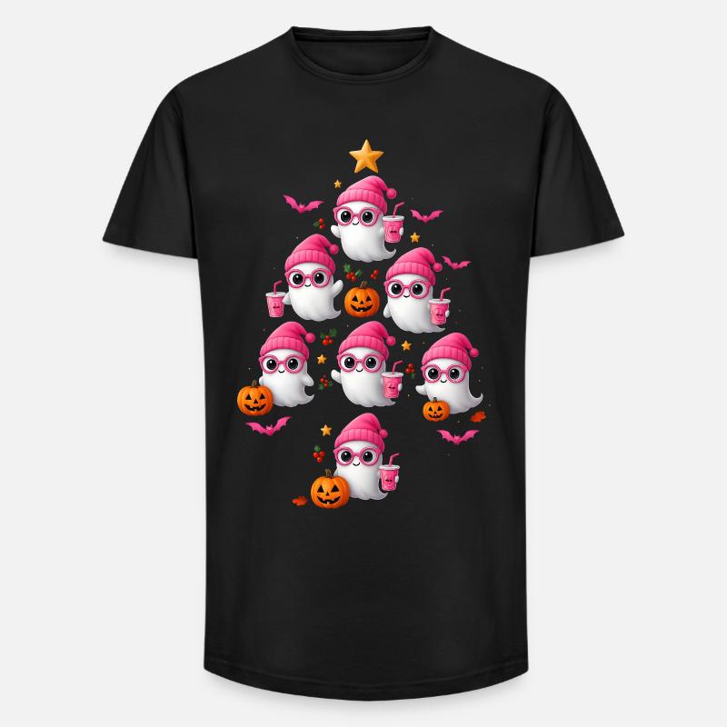 Cute Pink Ghost Christmas Tree Design - Long Fit Männer T-Shirt - Schwarz