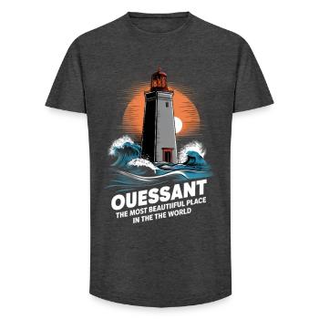 Ouessant Île du Bout du Monde Phare Créac'h Mer - T-shirt coupe longue homme - charbon - Devant - AI Model Male 185 light (185cm)