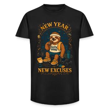 New Year – Sloth Gains Excuses - Long Fit Men's T-Shirt - black - Front - AI Model Male 185 light (185cm)