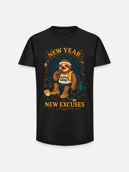 New Year – Sloth Gains Excuses - Long Fit Männer T-Shirt - Schwarz