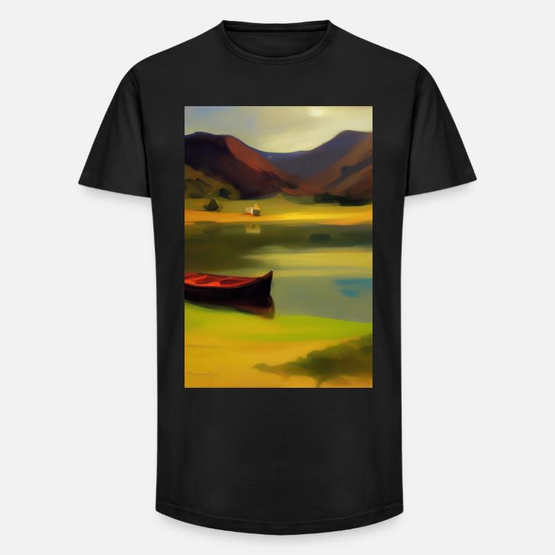 Landschaft mit See, Boot und Berge - Long Fit Männer T-Shirt - Schwarz