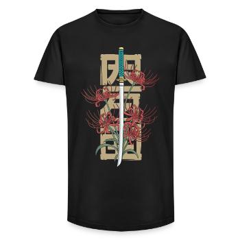 Chrysanthème japonais élégant avec épée - T-shirt coupe longue homme - noir - Devant - AI Model Male 185 light (185cm)