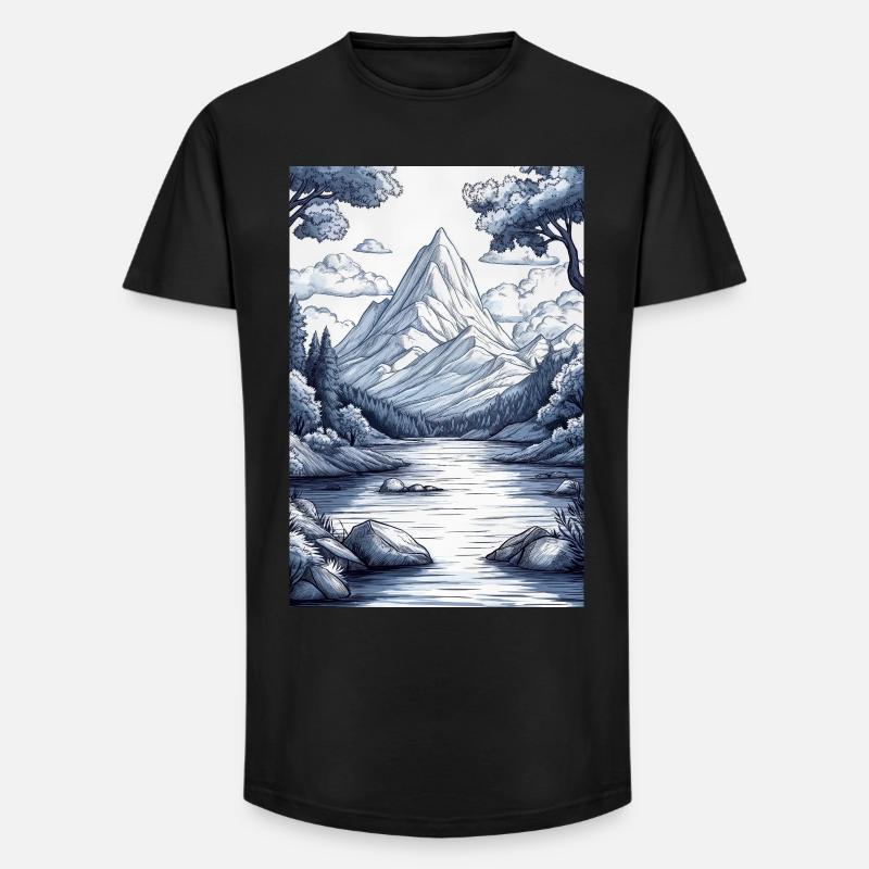 Illustration einer Gebirgslandschaft - Long Fit Männer T-Shirt - Schwarz