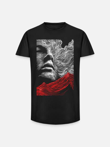 Gesicht Linien mit roter Bergsilhouette - Long Fit Männer T-Shirt - Schwarz