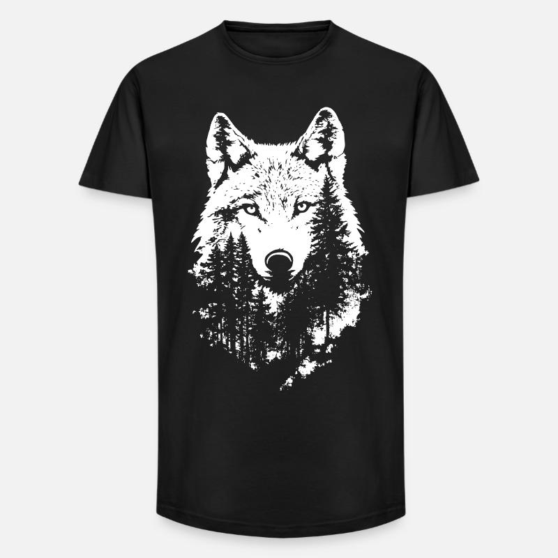 Wolf Gesicht Wald Silhouette - Long Fit Männer T-Shirt - Schwarz