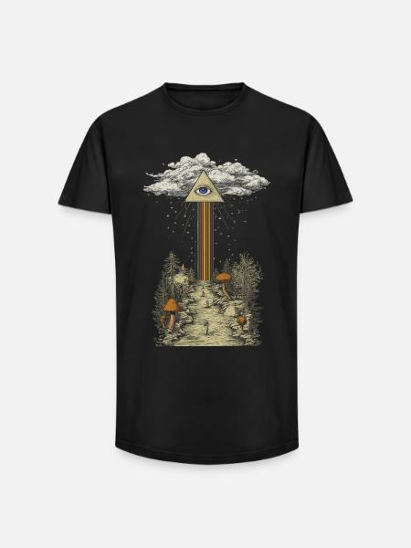 Mystischer Regenbogenstrahl im Pilzwald - Long Fit Männer T-Shirt - Schwarz