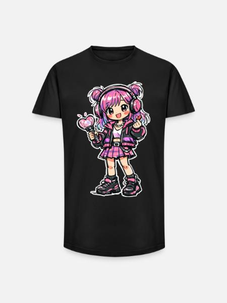 Kawaii Anime Mädchen mit Kopfhörer - Long Fit Männer T-Shirt - Schwarz