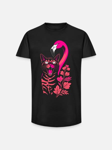 Tropical Cat & Flamingo - Summer 2025 - Long Fit Men's T-Shirt - black