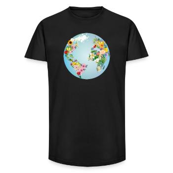 light blue globe with continents made of flowers - Long Fit Men's T-Shirt - black - Front - AI Model Male 185 light (185cm)