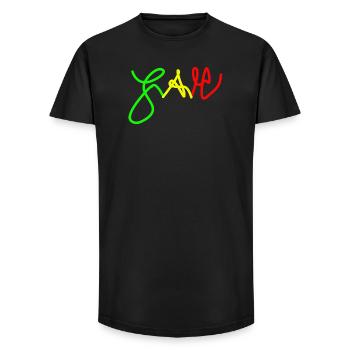 Jah en Trio couleurs Rouge Or Vert - T-shirt coupe longue homme - noir - Devant - AI Model Male 185 light (185cm)