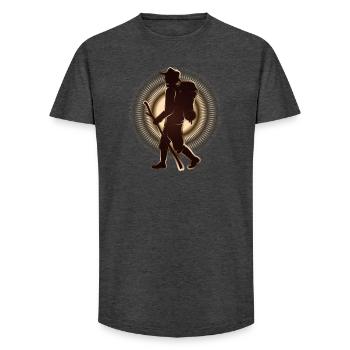 Pilgrim or hiker with walking stick & backpack - Long Fit Men's T-Shirt - charcoal grey - Front - AI Model Male 185 light (185cm)