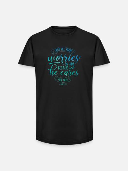 Werp al je zorgen op hem - Heren T-shirt met lange pasvorm - zwart