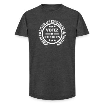 politique, politicien, marre de la politique - T-shirt coupe longue homme - charbon - Devant - AI Model Male 185 light (185cm)