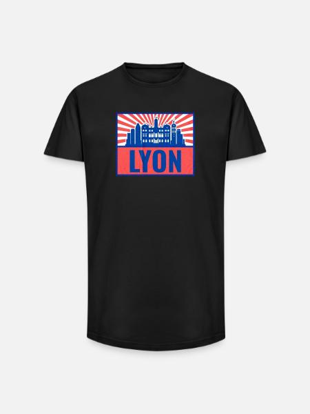 Lyon Skyline BlauRot Retro - Long Fit Männer T-Shirt - Schwarz