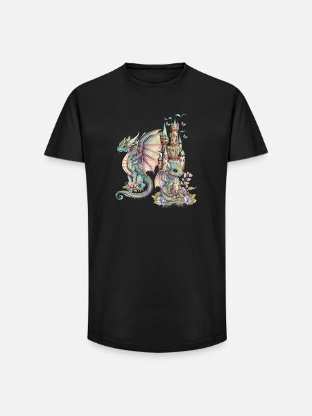 Fantasy Dragon with Fairytale Castle - Long Fit Men's T-Shirt - black
