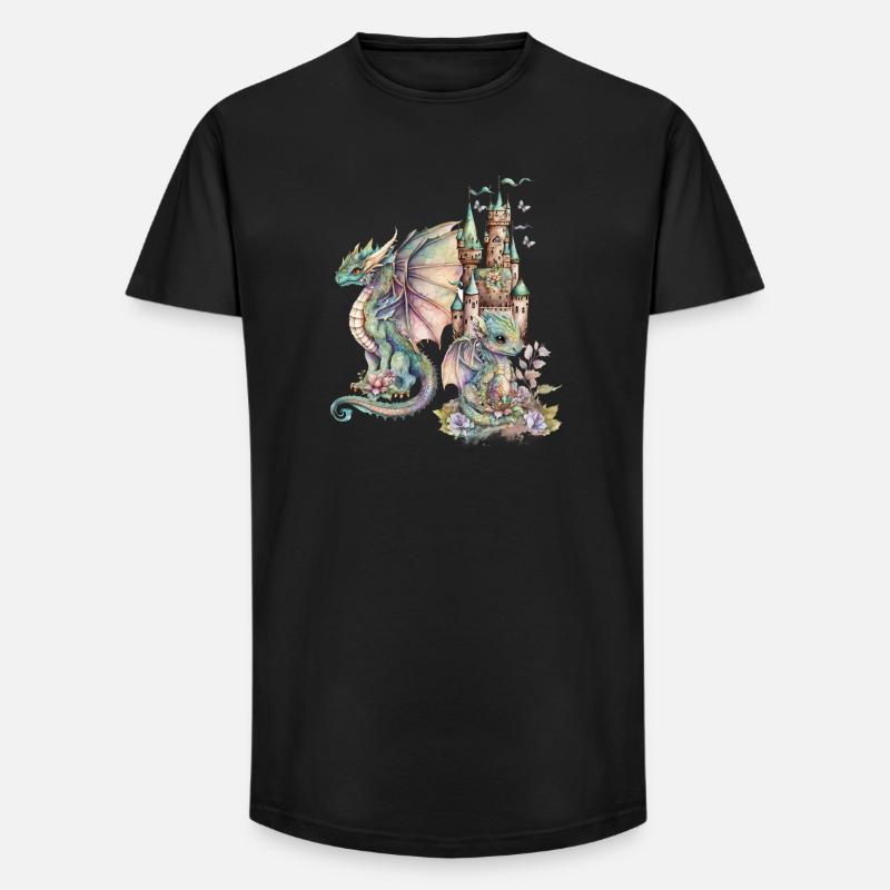Fantasie-Drachen mit Märchenschloss - Long Fit Männer T-Shirt - Schwarz