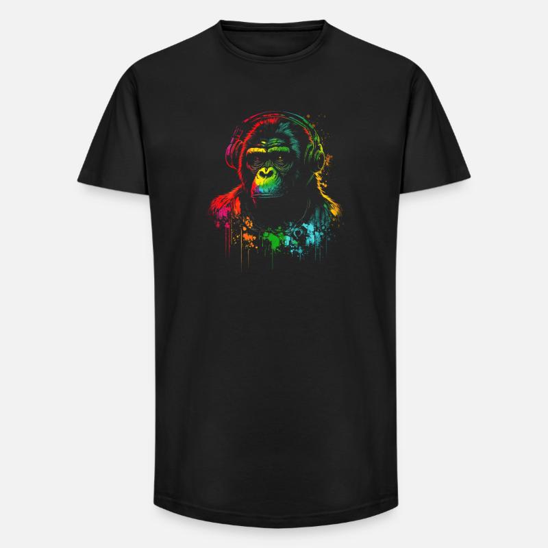 Regenbogen Gorilla Kopfhörer - Long Fit Männer T-Shirt - Schwarz