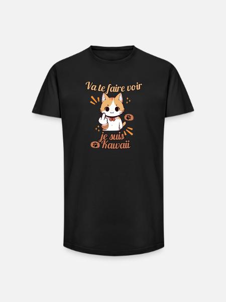 Chat kawaii provocateur - T-shirt coupe longue homme - noir