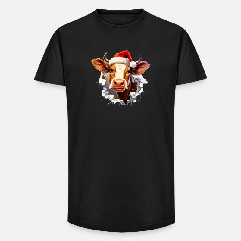 Kuh mit Weihnachtsmütze im Mauerloch - Long Fit Männer T-Shirt - Schwarz