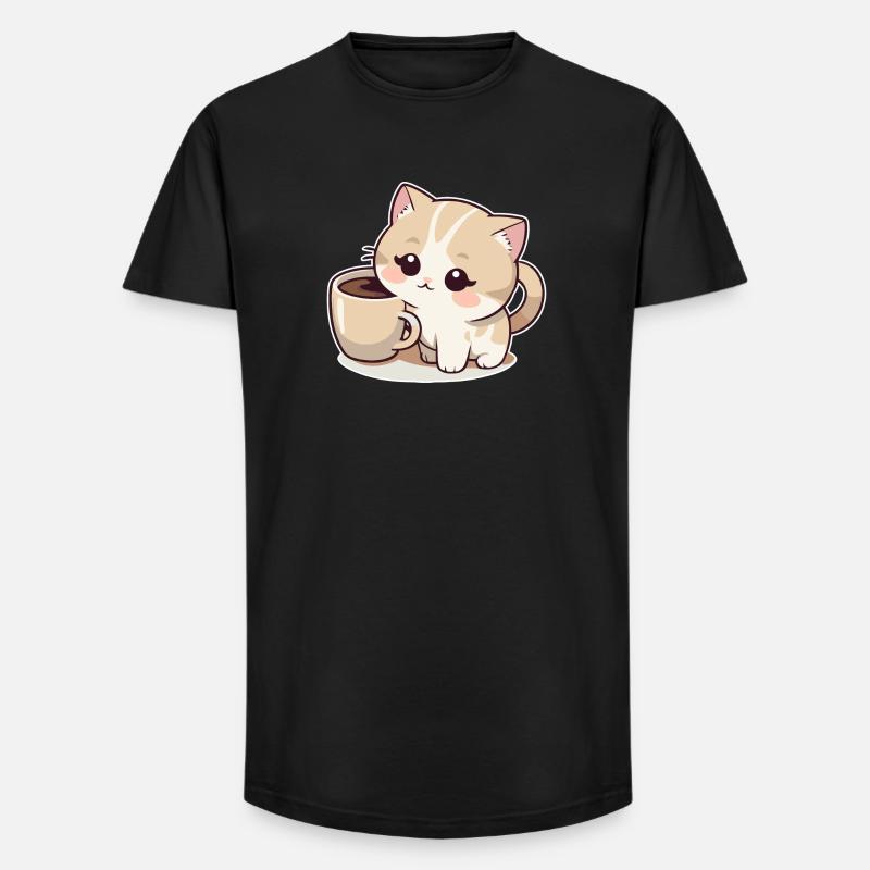Katze mit Coffee - Long Fit Männer T-Shirt - Schwarz