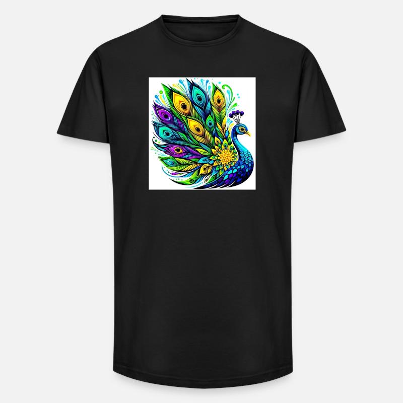 Pfau - Long Fit Männer T-Shirt - Schwarz