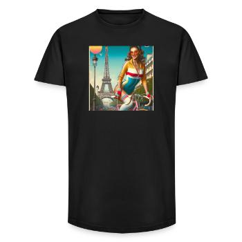 Beautiful young girl riding a bike in front of the Eiffel Tower - Long Fit Men's T-Shirt - black - Front - AI Model Male 185 light (185cm)