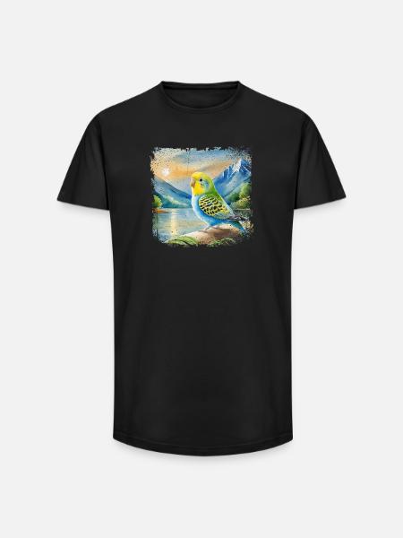 junger Wellensittich im Kinderbuchstil, Aquarell - Long Fit Männer T-Shirt - Schwarz