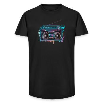 Magnétophone cassette au look graffiti fluo des années 80 - T-shirt coupe longue homme - noir - Devant - AI Model Male 185 light (185cm)