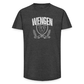 Wengen Alpin Wappen Design - Long Fit Männer T-Shirt - Anthrazit - Vorne - AI Model Male 185 light (185cm)