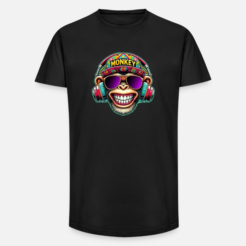 Cooler DJ Monkey Kopfhörer Bunter Retro-Stil - Long Fit Männer T-Shirt - Schwarz