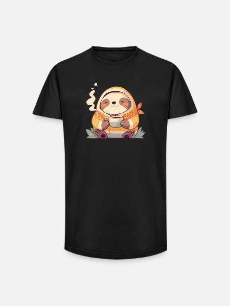 Faultier-Illustration mit seiner Tasse Kaffee - Long Fit Männer T-Shirt - Schwarz