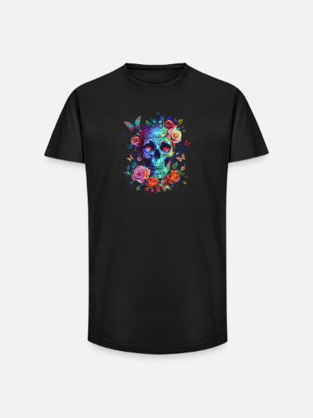 Crâne avec fleurs et papillon - T-shirt coupe longue homme - noir