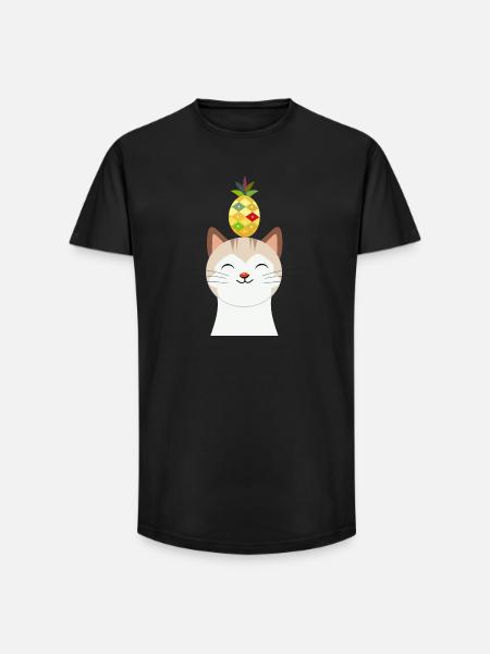 Munter kat med ananas – Tropisk dyredesign - Long fit herre T-shirt - sort