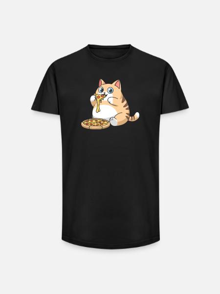 Cute Chubby Cat Eating Pizza - Long Fit Men's T-Shirt - black
