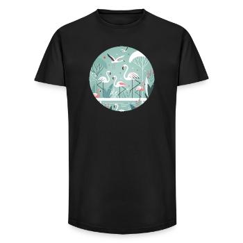 Flamingo-Illustration in tropischer Umgebung - Long Fit Männer T-Shirt - Schwarz - Vorne - AI Model Male 185 light (185cm)